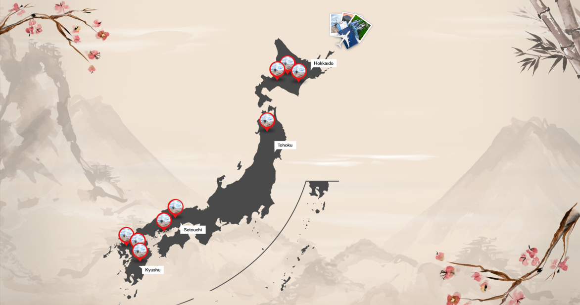 A stylised, illustrated map of Japan with red location pins across different regions, set against a traditional wash-painting style background with cherry blossoms.