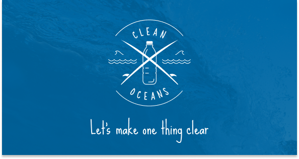 Blue background with Clean Oceans logo and slogan in the middle