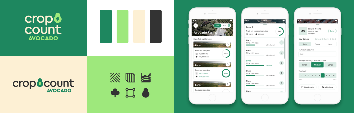 Examples of Crop Count brand and colour guidelines and phone mock ups