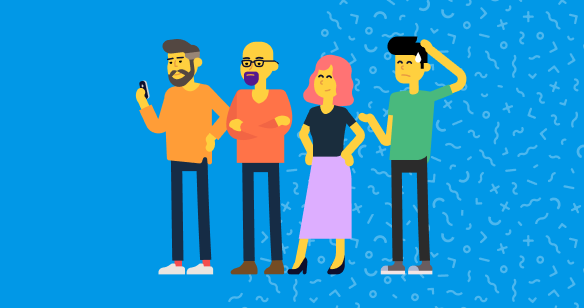 Blue background with 4 yellow illustrated people