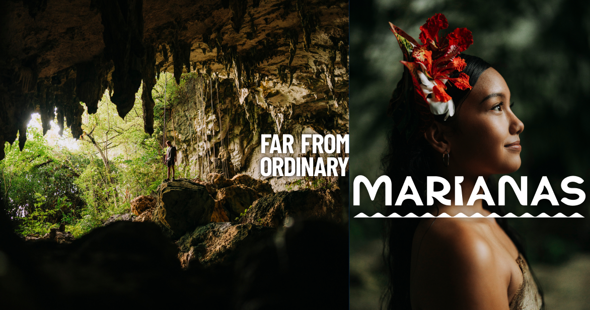 Split-screen Marianas tourism graphic featuring a person in Tonga Cave and a portrait of a local woman in a floral headpiece