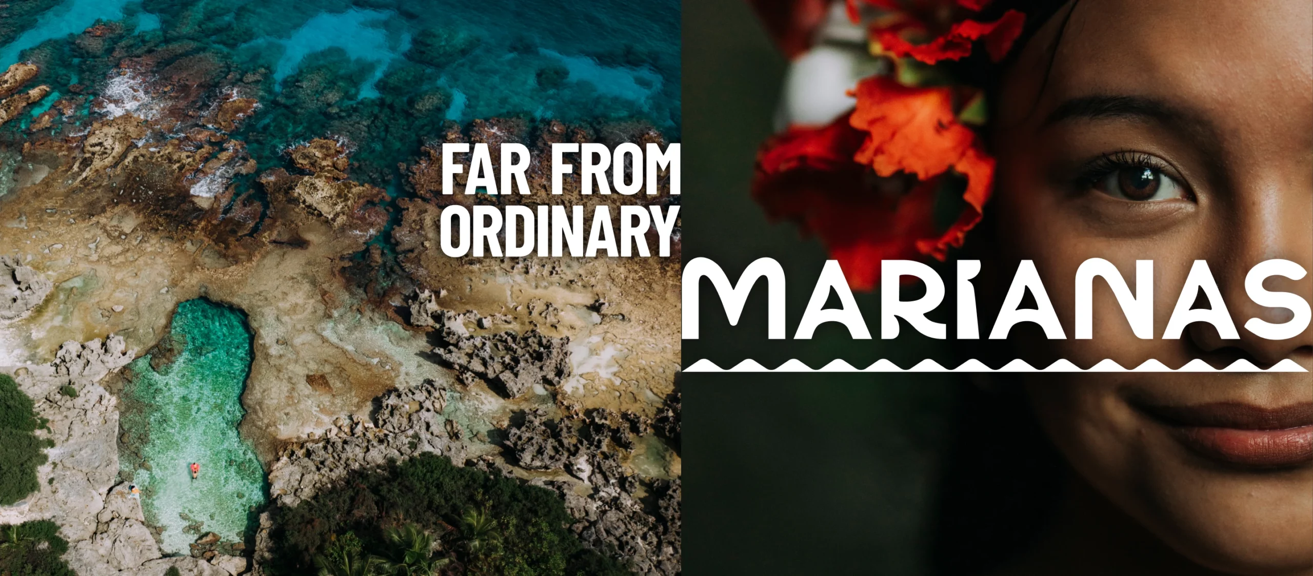 Split-screen Marianas tourism graphic featuring a top-down view of a turquoise rock pool and a close-up of a smiling local woman with a vibrant red flower.