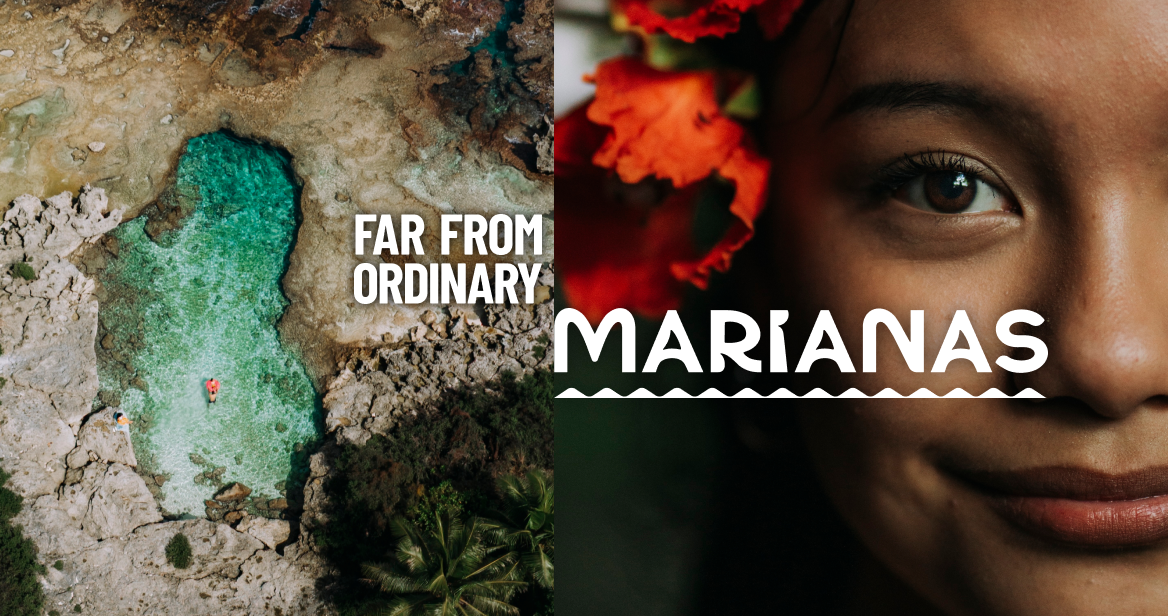 Split-screen Marianas tourism graphic featuring a top-down view of a turquoise rock pool and a close-up of a smiling local woman with a vibrant red flower.