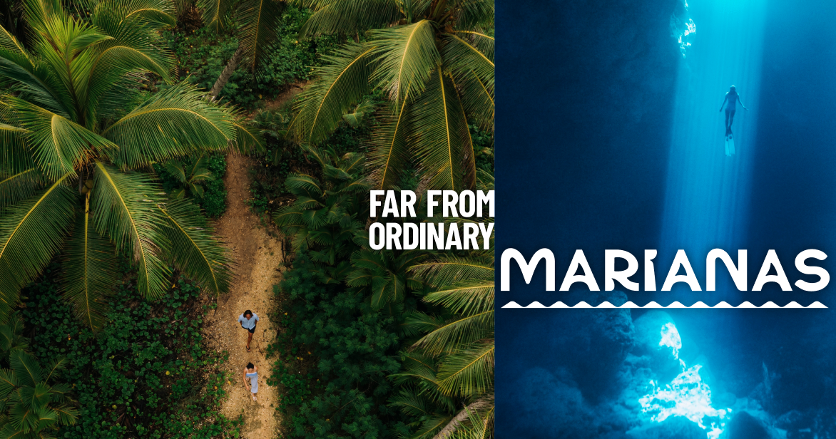 Split-screen Marianas graphic showing an aerial view of a forest path and a diver swimming through a deep blue underwater light beam.