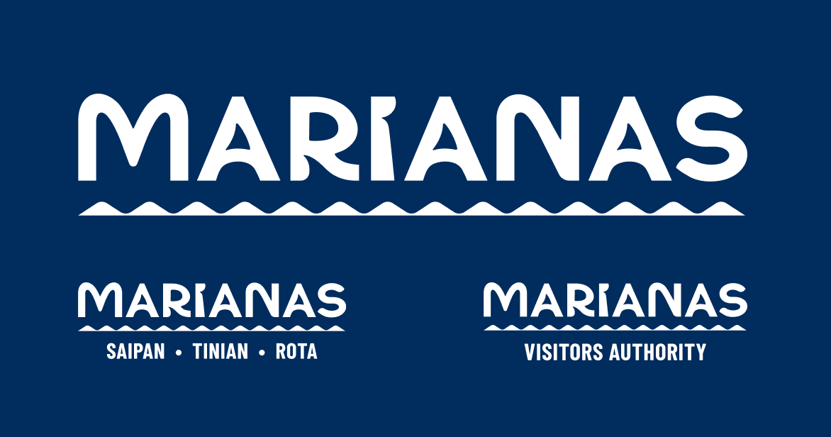 A collection of white Marianas tourism logos, including versions for the Visitors Authority and the individual islands of Saipan, Tinian, and Rota, set against a dark blue background.