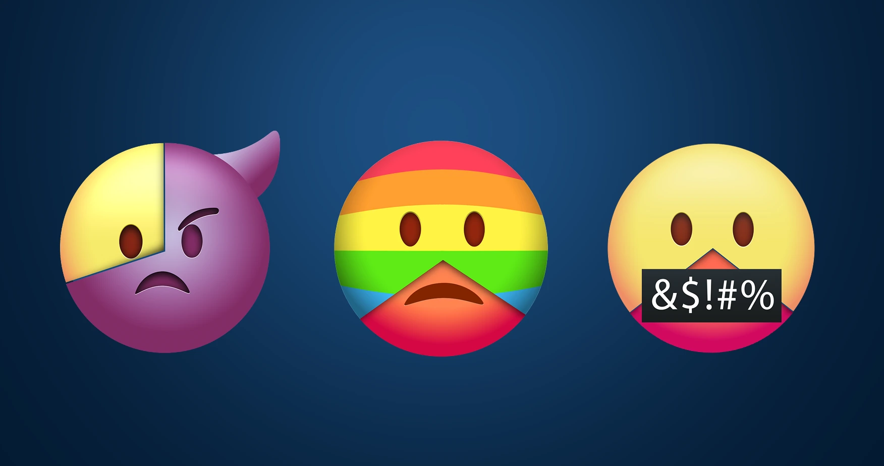 Three "Emotional Statistics" icons from the Safer Internet Day campaign: an angry purple devil emoji representing negative adult experiences, a sad rainbow-striped emoji representing LGBTQIA+ teen experiences, and a shocked yellow emoji with a censored bar over its mouth representing First Nations experiences.
