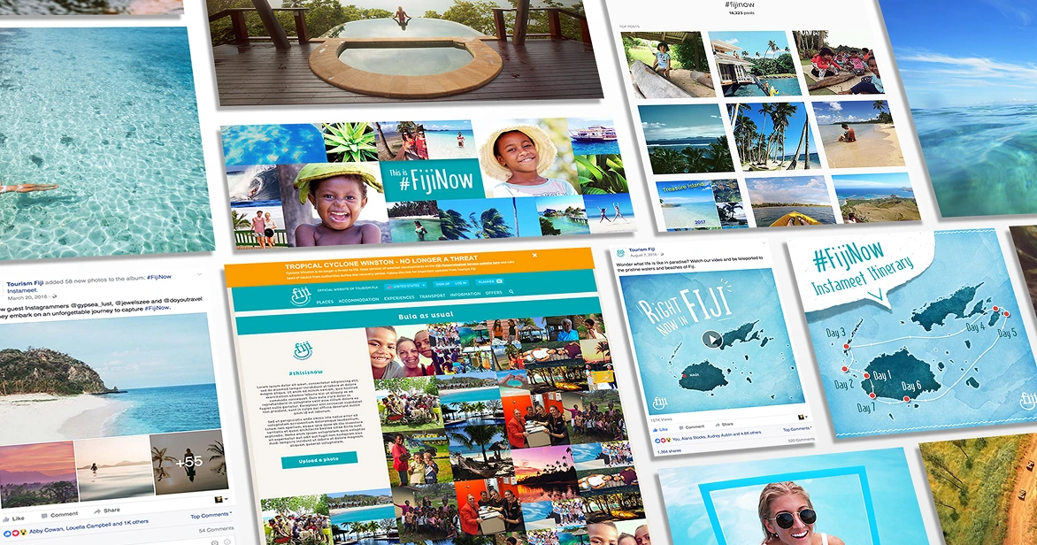 tourism-fijinow-social-amplification_circul8-website A collage of marketing materials for the #FijiNow tourism campaign, featuring a mix of social media posts, a website homepage, and travel itineraries. The visuals show crystal-clear turquoise water, tropical landscapes, and smiling faces of local children and travelers.