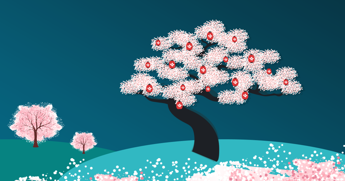 A wide-angle vector illustration of a cherry blossom tree under a dark teal sky with falling petals and smaller trees in the background.