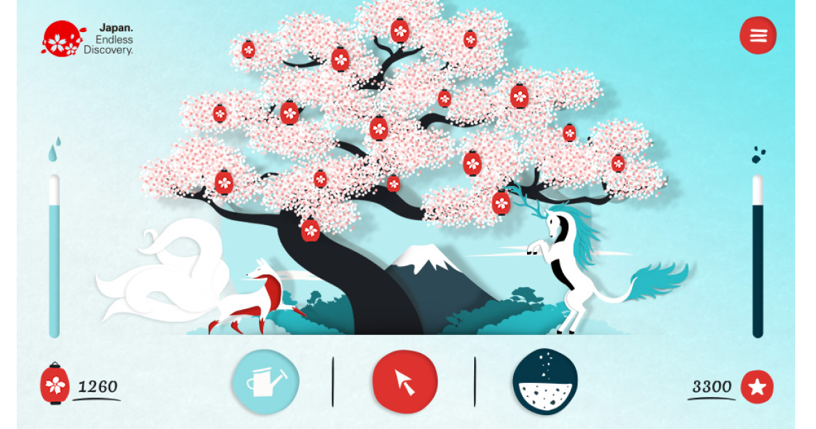 A digital interface showing an interactive cherry blossom tree with red lanterns, featuring mythical Japanese creatures like a kitsune (fox) and a kirin (unicorn) in an origami art style.