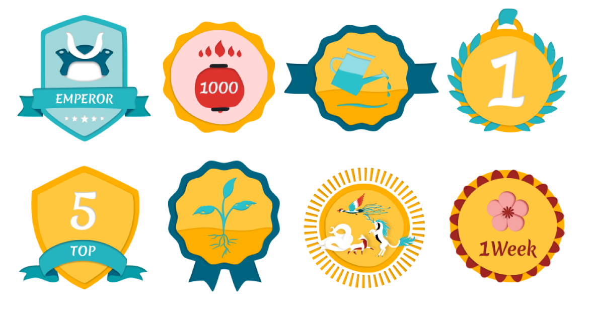 A collection of eight colourful digital badges and medals for the Magic Sakura game, including an "Emperor" rank, a watering can icon, and a "Top 5" badge.