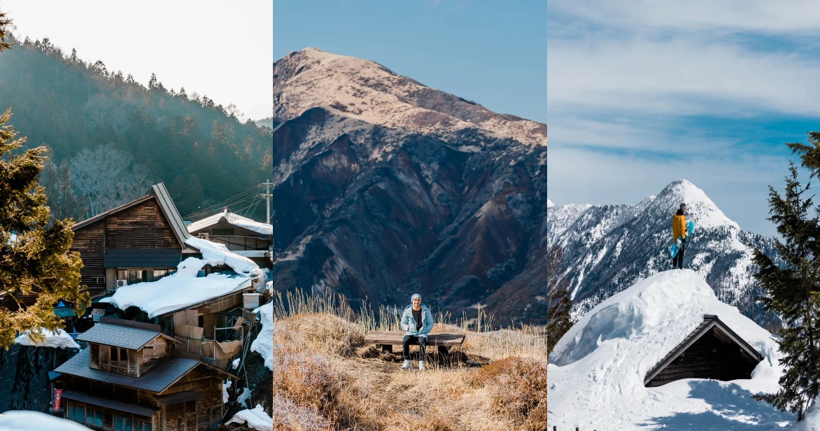 Three vertical panels showing regional Japan: a snow-covered traditional village, a man sitting on a mountain bench, and a hiker standing on a snowy peak.