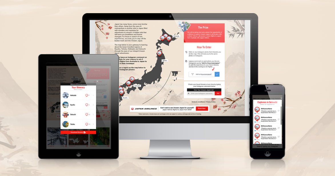 Close-up of the "Unseen Japan" digital interface showing a map with pins on Hokkaido, Tohoku, Setouchi, and Kyushu, alongside instructions for a social media contest to win flights.