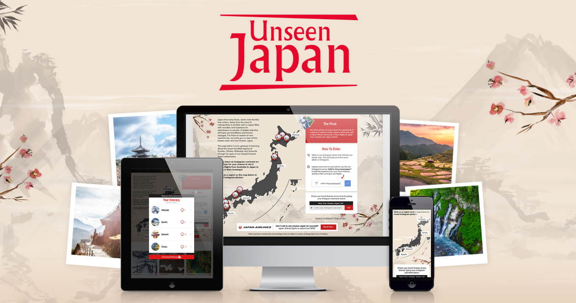 A responsive design showcase displaying the campaign website on a desktop, tablet, and smartphone, featuring an interactive map of Japan and influencer photography.