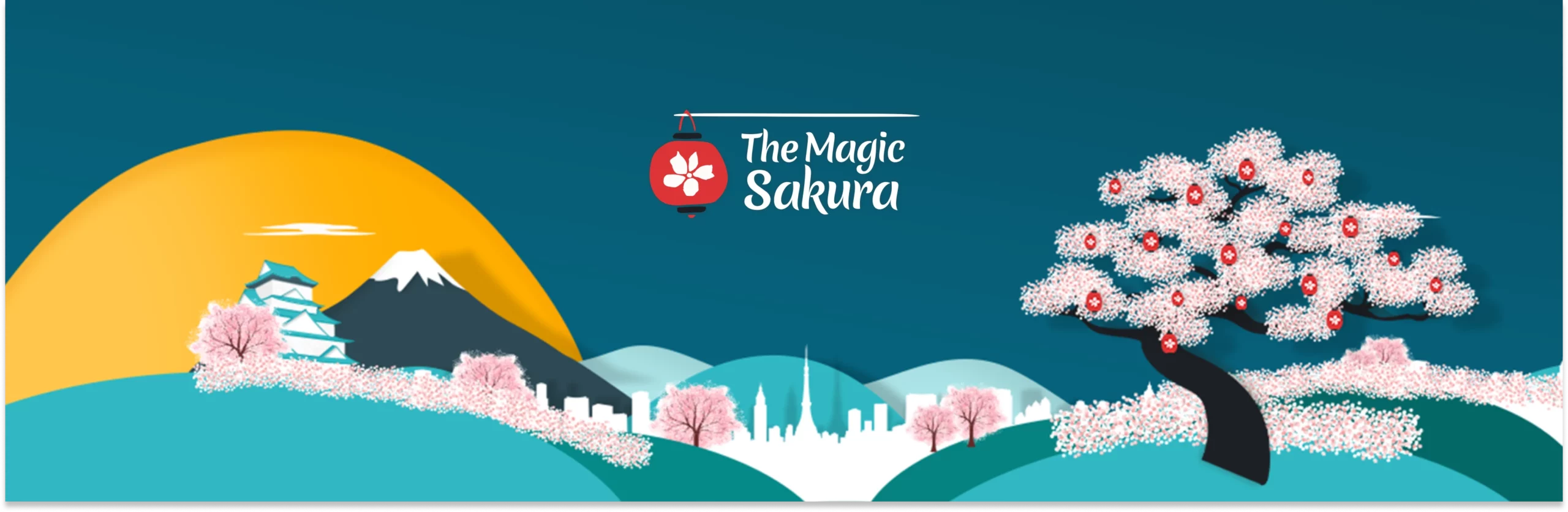The Magic Sakura campaign logo featuring a red Japanese lantern and a stylised cherry blossom tree set against a backdrop of Mount Fuji, a traditional castle, and a modern city skyline.