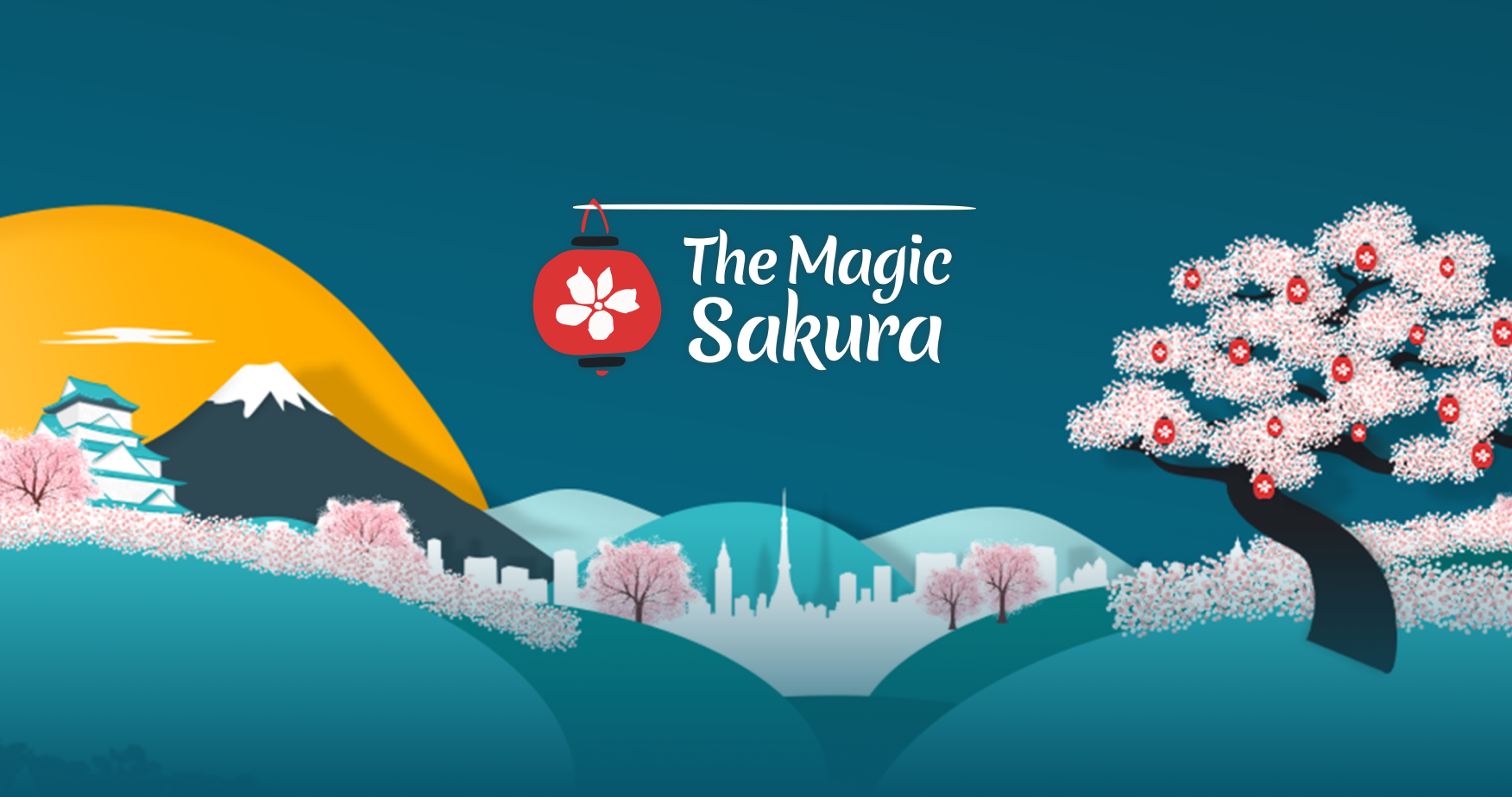 The Magic Sakura campaign logo featuring a red Japanese lantern and a stylized cherry blossom tree set against a backdrop of Mount Fuji, a traditional castle, and a modern city skyline.