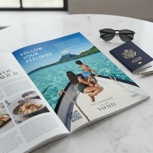 Open travel magazine on a table featuring a full-page Tahiti tourism advertisement showing a couple on a boat in turquoise water, with sunglasses and a passport placed beside it.