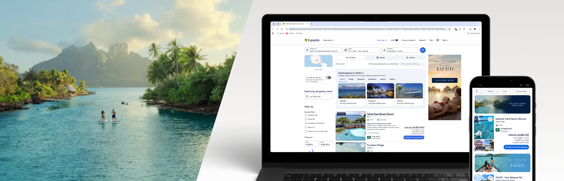 Turquoise lagoon and mountains in Tahiti with travellers paddleboarding alongside Expedia booking platform on laptop and mobile
