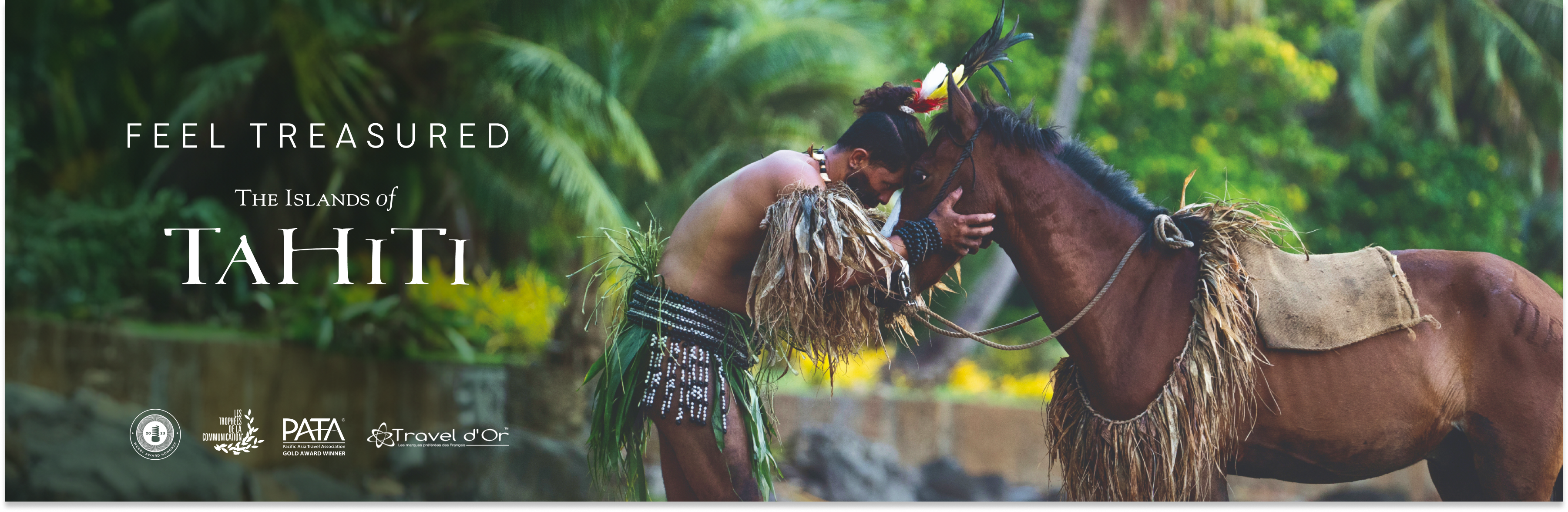Tahitian man in traditional attire connecting with a horse in a lush tropical setting, Feel Treasured campaign, French Polynesia