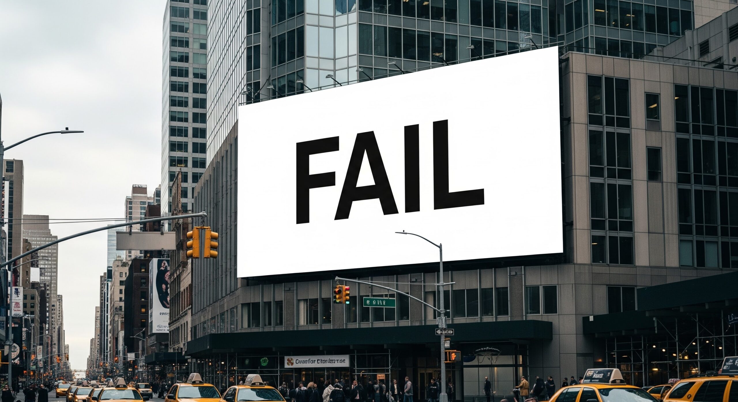 Giant billboard displaying the word FAIL above a crowded city street, illustrating the scale of campaign failure in advertising