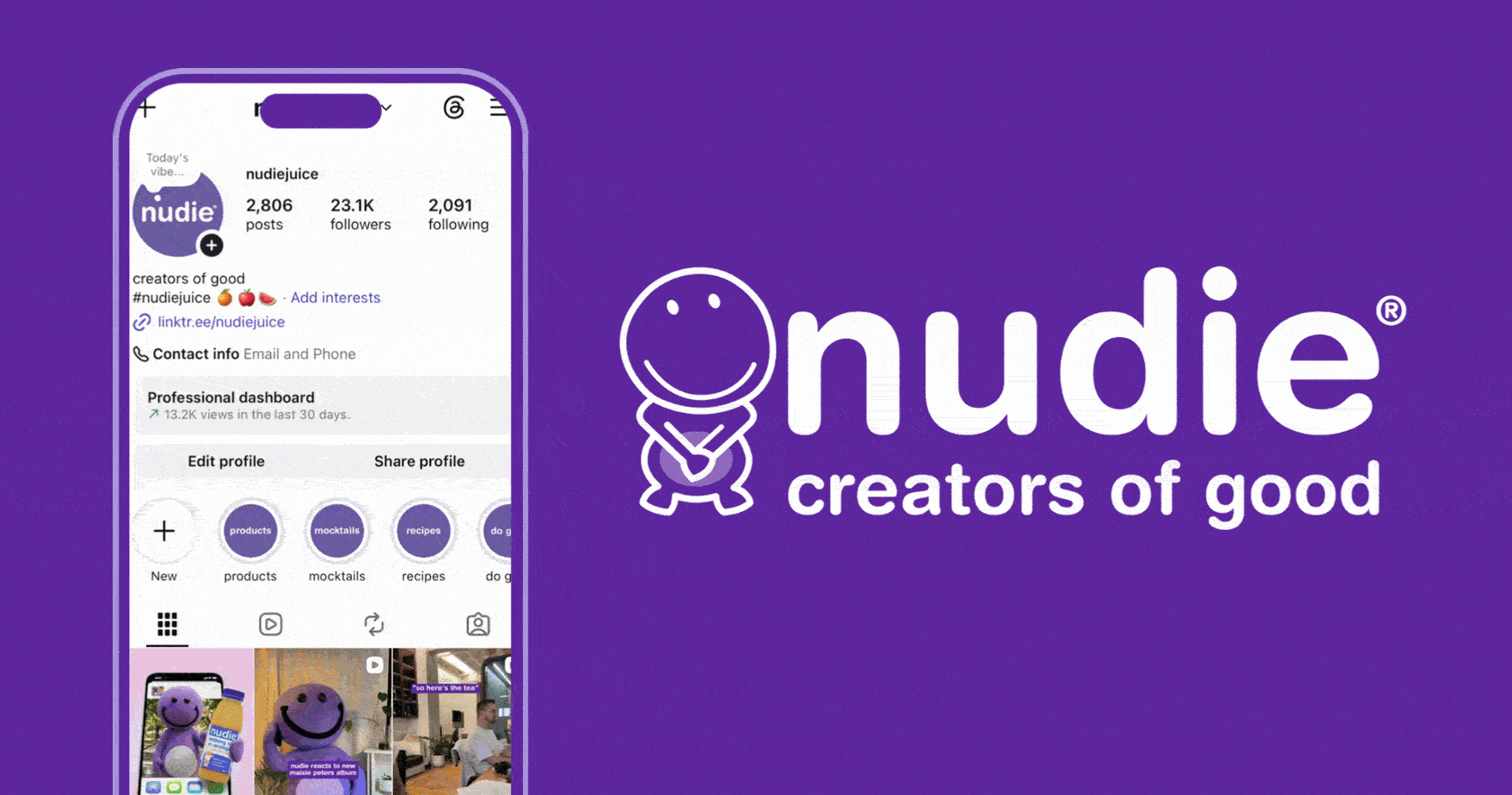 nudie "creators of good" video showreel showing the Instagram feed grid of mascot-led content beside the nudie smiley logo