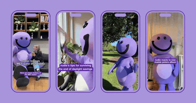 nudie's purple smiley mascot starring in TikTok and Instagram Reels content, including reaction and "tip" videos from the "creators of chaotic good" campaign