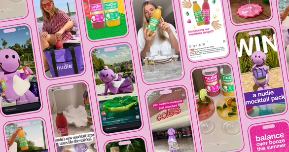 Collage of nudie mocktail social posts — creator UGC, the purple nudie mascot and "balance over booze this summer" and Coles launch content