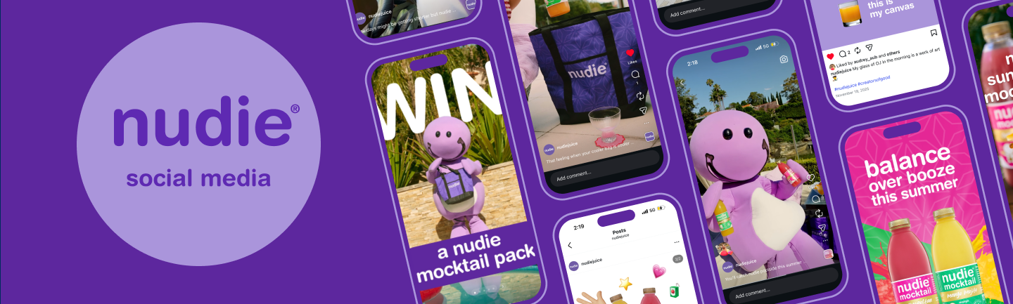 nudie social media case study banner — "nudie social media" wordmark beside Instagram Stories including "WIN a nudie mocktail pack" and "balance over booze this summer"