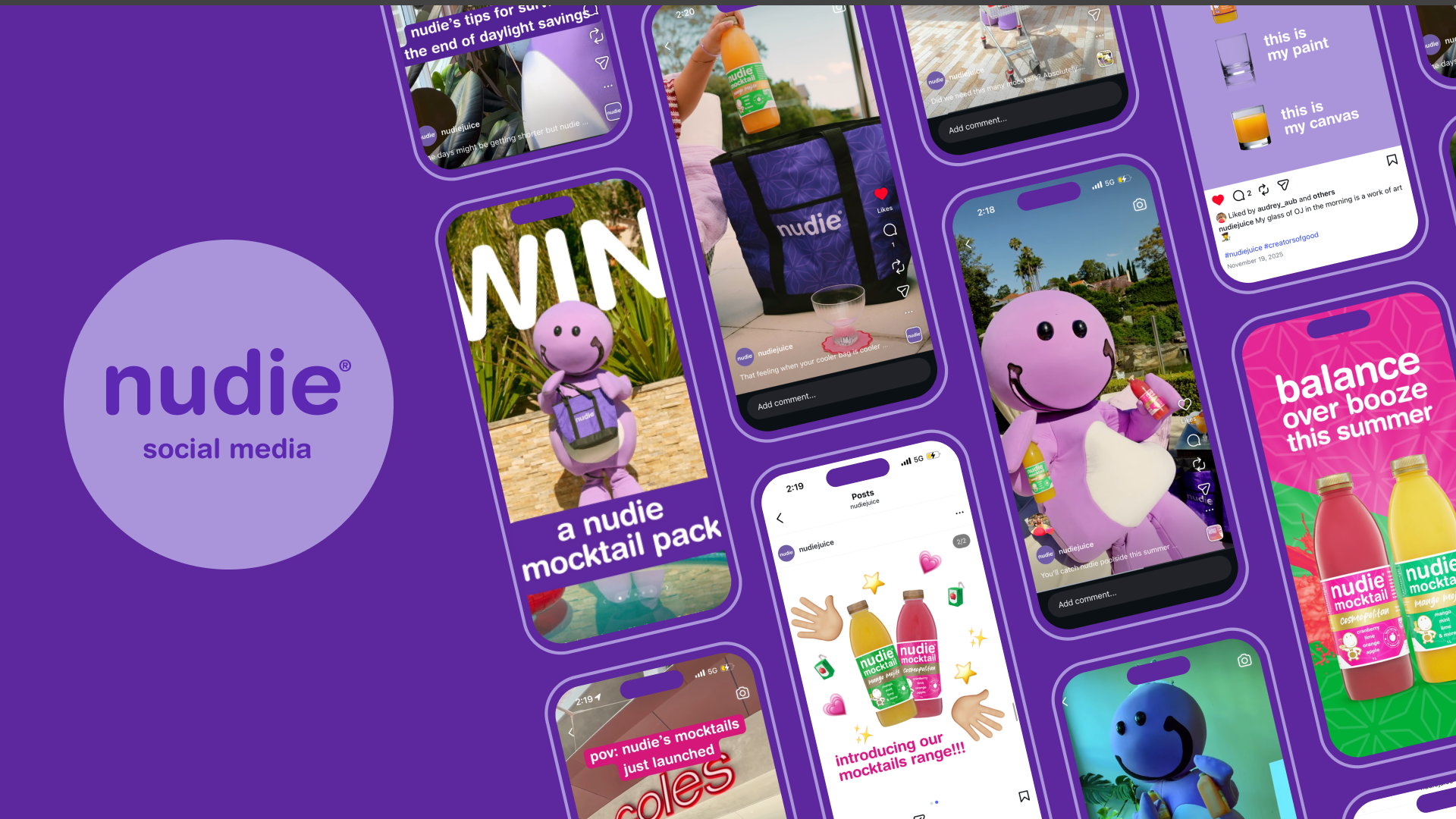 nudie social media banner — "nudie social media" wordmark beside Instagram posts including "WIN a nudie mocktail pack", the Coles launch and "balance over booze this summer"